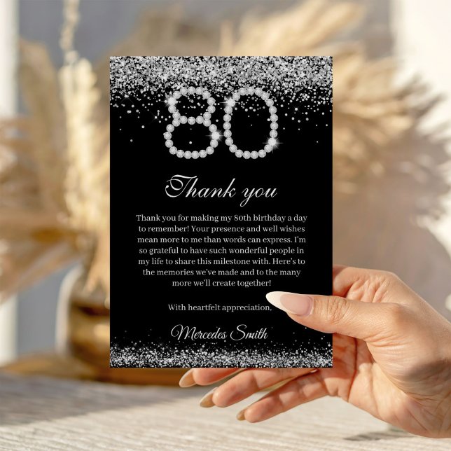 Eleganta Diamanter 80-års Födelsedag Tackkort Inbjudningar (Silver Diamond 80th Birthday Thank you card)