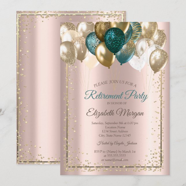 Eleganta diamanter ballonger rose gold pension inbjudningar (Fram/baksida)