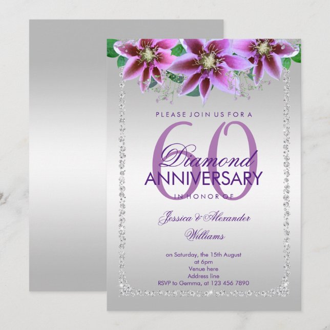 Eleganta diamanter & blommor 60-års bröllopsjubile inbjudningar (Fram/baksida)