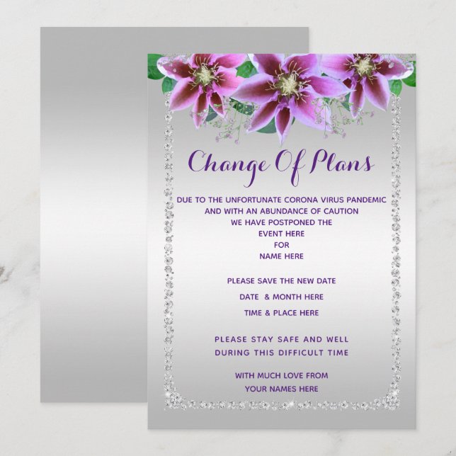Eleganta diamanter & blommor ändring av planer inbjudningar (Fram/baksida)