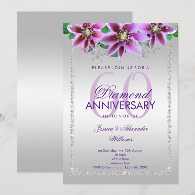 Eleganta diamanter och blommor 60-års bröllopsjubi inbjudningar (Fram/baksida)