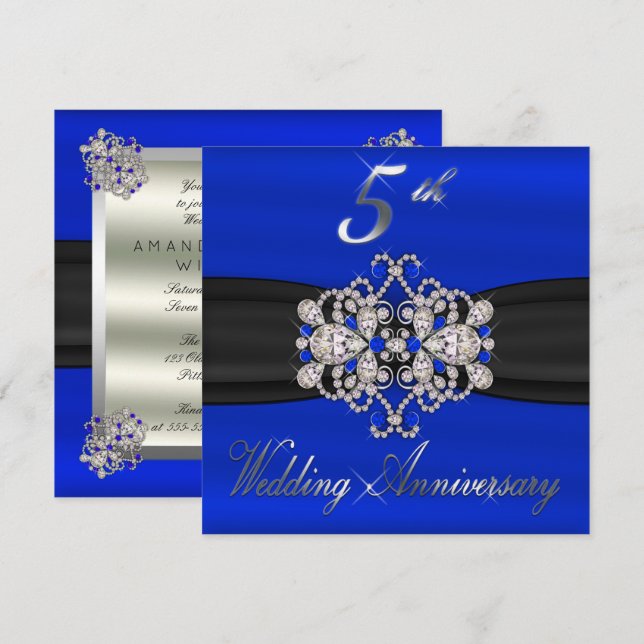 Eleganta diamanter Sapphire 5-års bröllopsdag Inbjudningar (Fram/baksida)