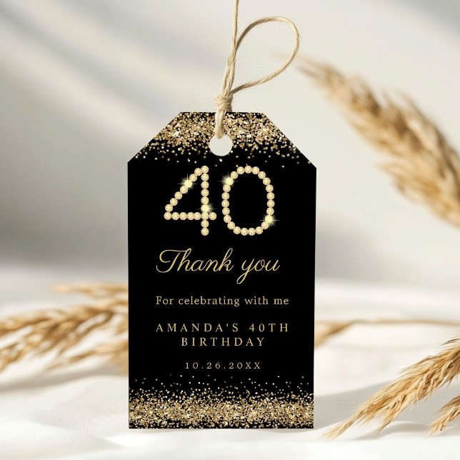 Eleganta Diamonds 40-årsfest Tacksam  Presentetikett (Gold 40th Birthday Party thank you gift tag)