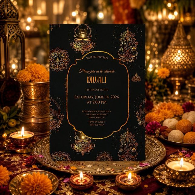 Eleganta Diyas Svart och Gyllene Diwali Inbjudningar (Skapare uppladdad)