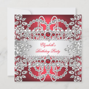 Eleganta djupröda diamanter silver blomster födels inbjudningar
