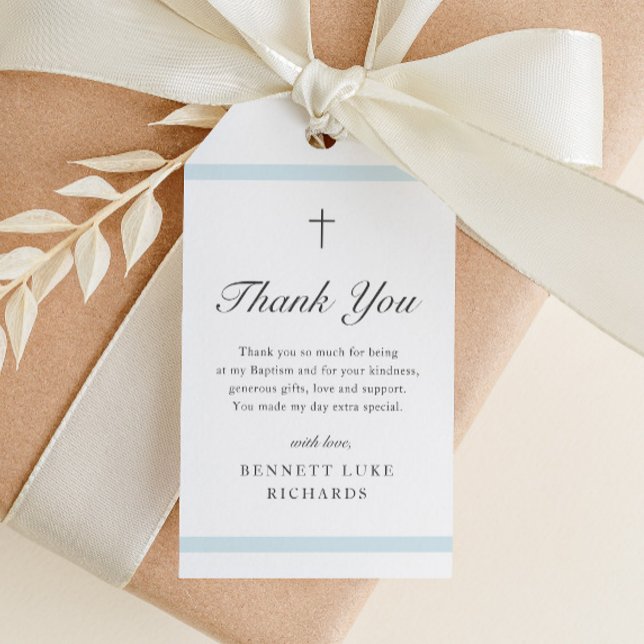 Eleganta dopnedlaggbara tackfavoritaggar inbjudningar (Print and trim yourself downloadable boys baptism thank you favor tags.)