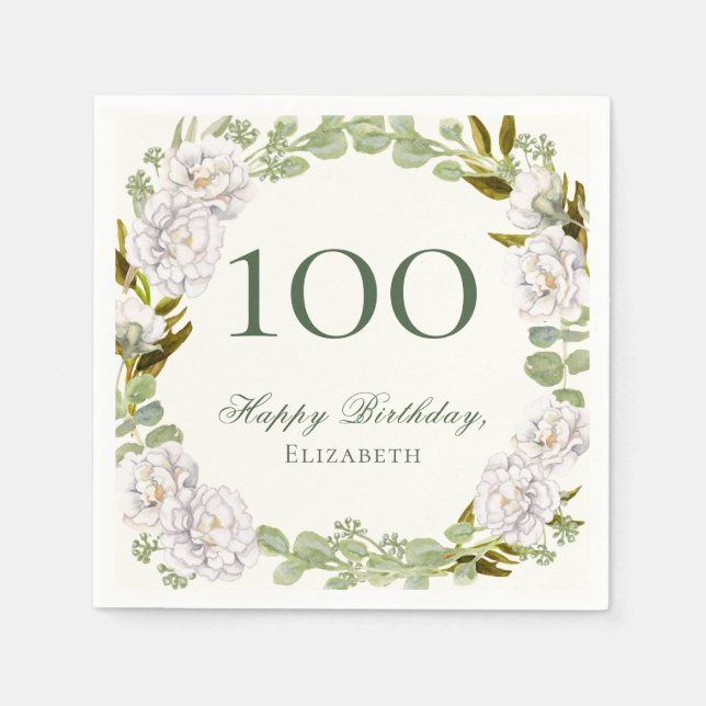 Eleganta Elfenbensfärgade Blommiga 100-års Födelse Pappersservett (Framsidan)