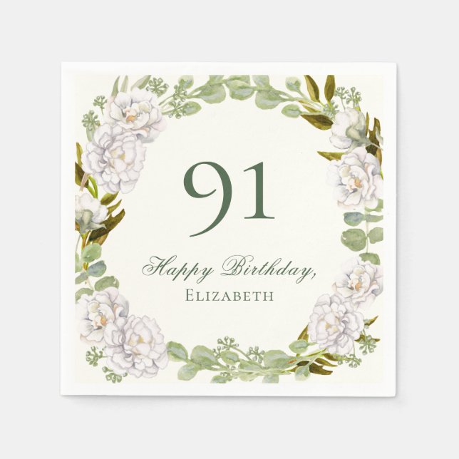 Eleganta Elfenbensfärgade Blommiga Födelsedagsserv Pappersservett (Framsidan)