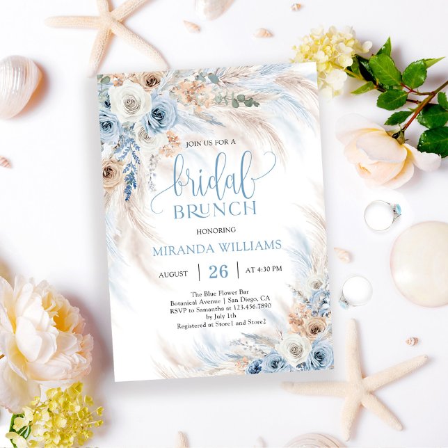 Eleganta elfenbensrosor Blå Blommig Bröllopsbrunch Inbjudningar (Skapare uppladdad)