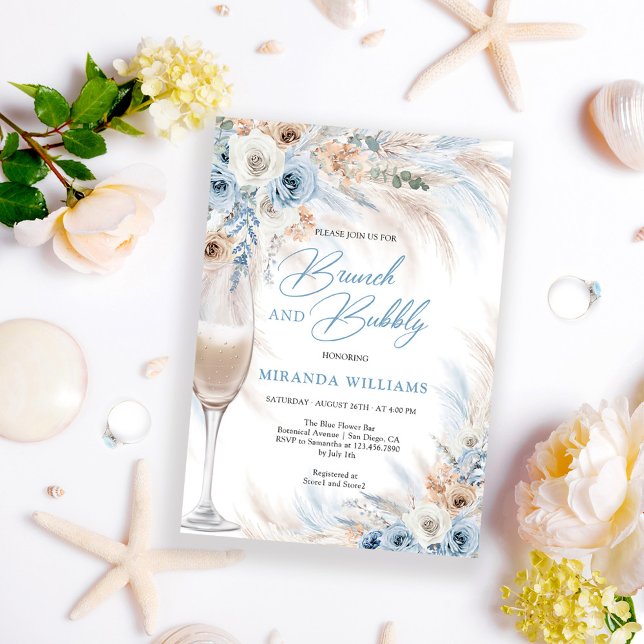 Eleganta elfenbensrosor Blå blomsterbrunch och bub Inbjudningar (Skapare uppladdad)