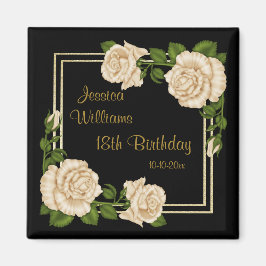 Eleganta elfenbensrosor & guldglitter 18-årsdag magnet