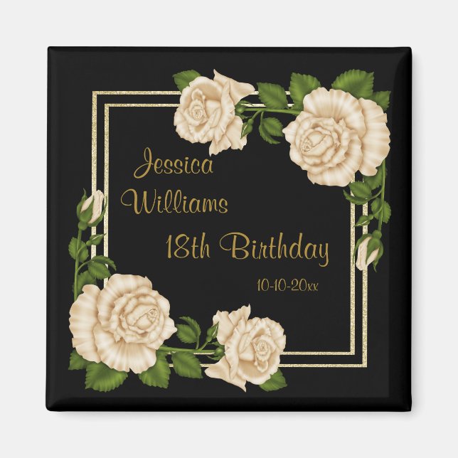 Eleganta elfenbensrosor & guldglitter 18-årsdag magnet (Framsidan)