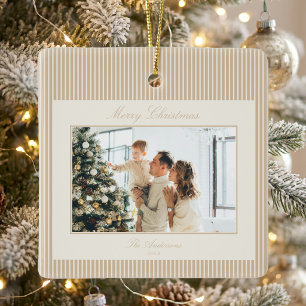 Eleganta elfenbensvita och tan-randiga julfoto julgransprydnad keramik