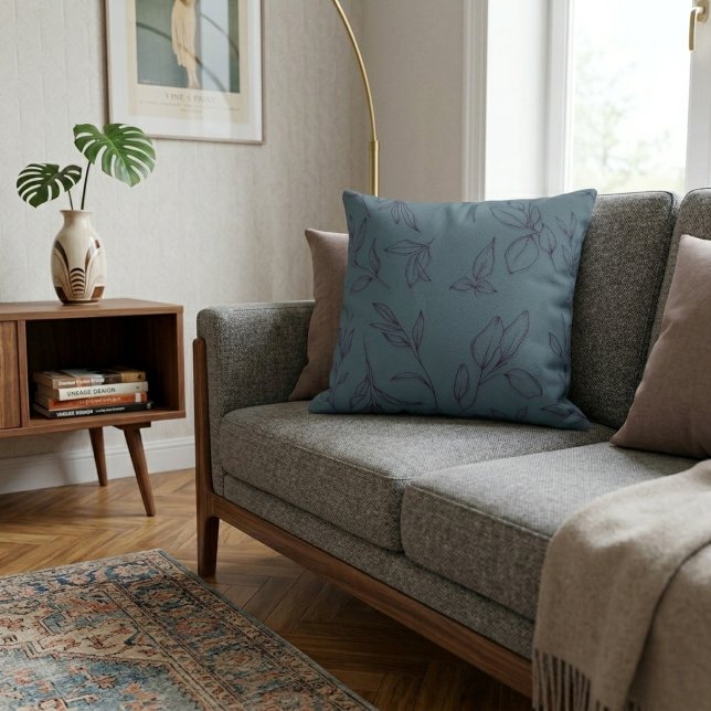 Eleganta Enkla Botaniska blad På Blå Bakgrund Kudde (Skapare uppladdad)