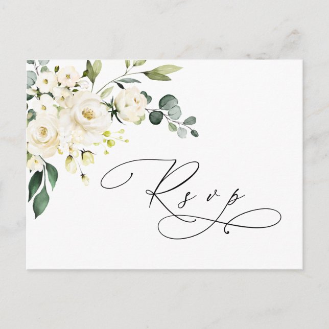 Eleganta Eukalyptus Vita Rosor Bröllop RSVP Vykort (Framsida)