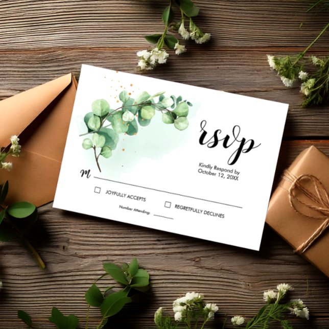 Eleganta Eukalyptusblad Grönska Bröllop RSVP OSA Kort (RSVP Card Wedding Eucalyptus Watercolor Elegant, Eucalyptus Invitation)