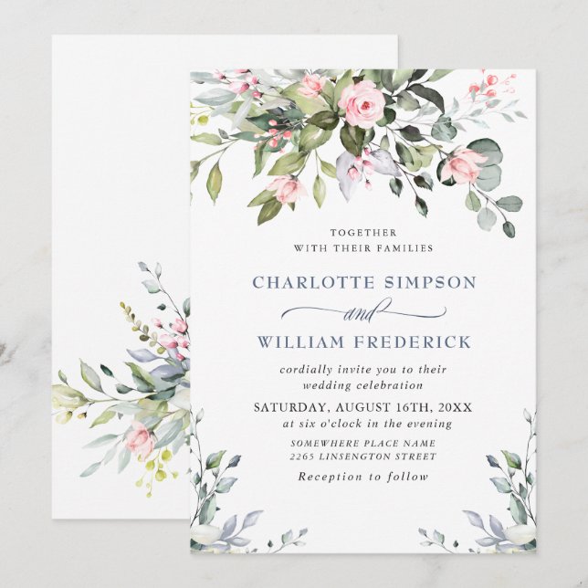 Eleganta Eukalyptusrosor Bröllop Inbjudningar (Fram/baksida)