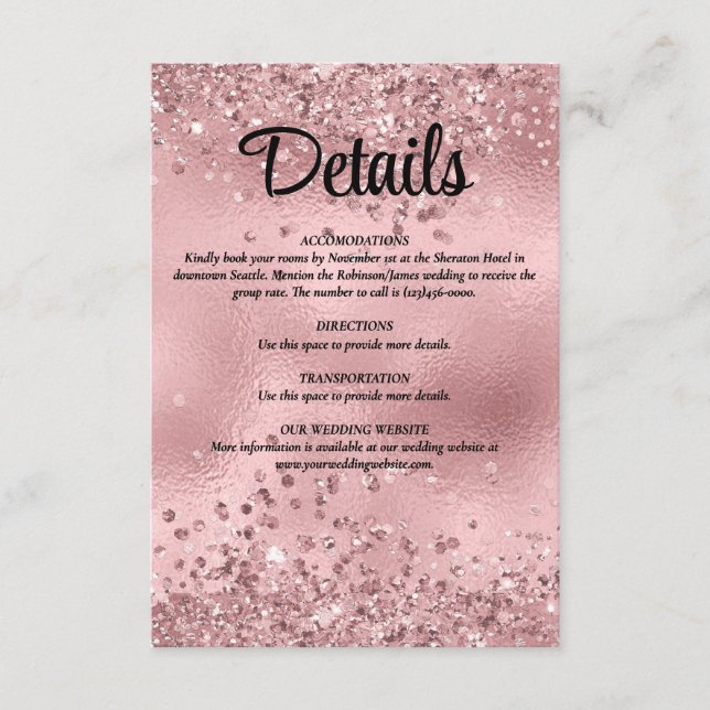 Eleganta fals rosa glitter och folie bröllopsdetal tilläggskort (Framsida)