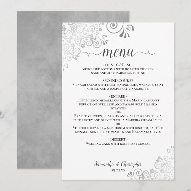 Eleganta fantasifulla silverkrullar på vit chic br meny (Fram/baksida)