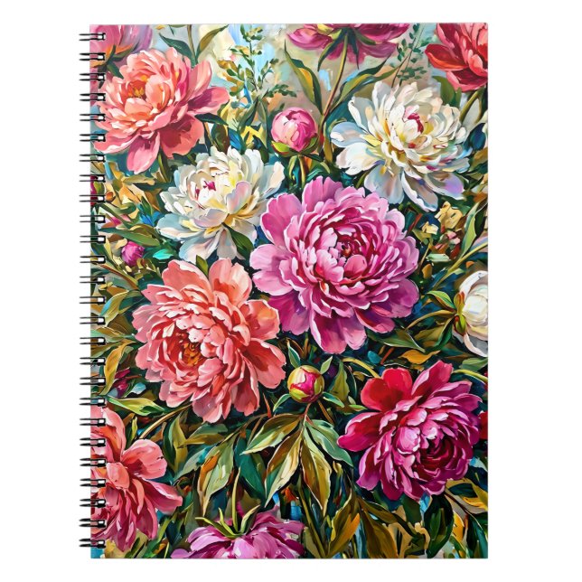 Eleganta färgrika målade pionblommor anteckningsbok (Framsidan)