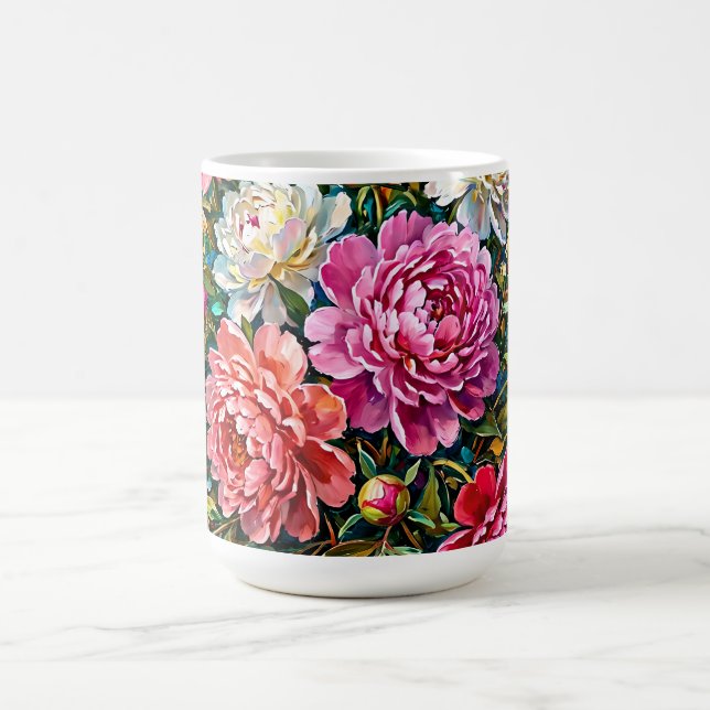 Eleganta färgrika målade pionblommor kaffemugg (Center)