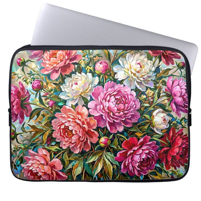 Eleganta färgrika målade pionblommor laptop fodral (Framsidan)