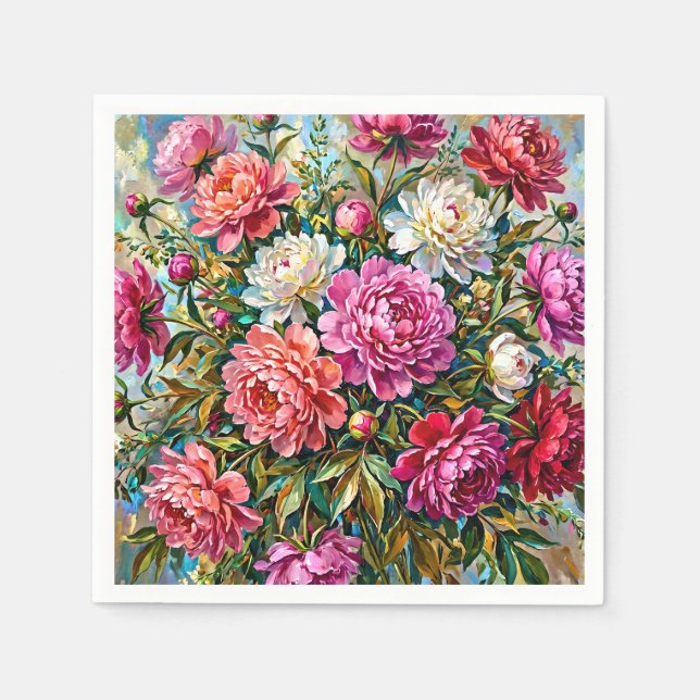 Eleganta färgrika målade pionblommor pappersservett (Framsidan)