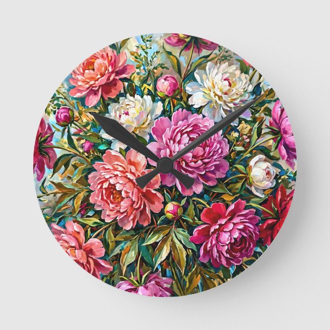 Eleganta färgrika målade pionblommor rund klocka (Framsida)