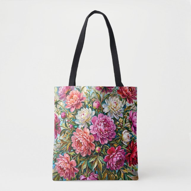 Eleganta färgrika målade pionblommor tygkasse (Framsida)