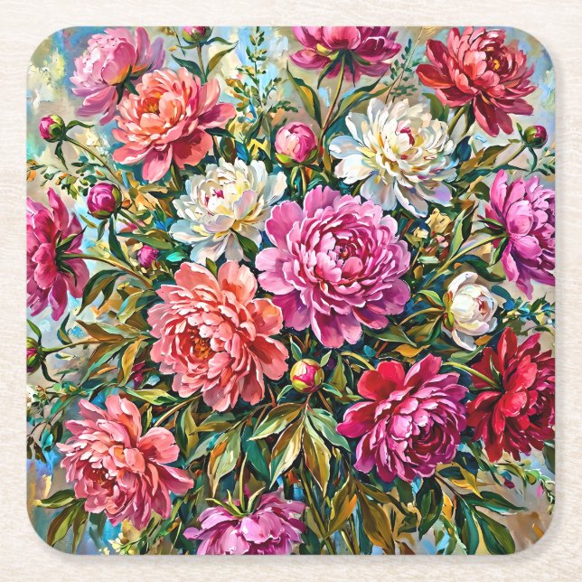 Eleganta färgrika målade pionblommor underlägg papper kvadrat (Framsidan)