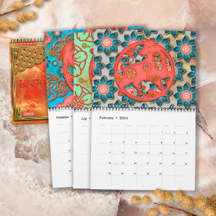 Eleganta Färgrika Röda Guld 12 Kinesiska Zodiaktec Kalender