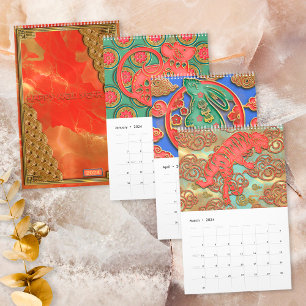 Eleganta färgrika röda och gyllene 12 kinesiska st kalender