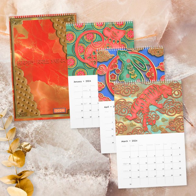 Eleganta färgrika röda och gyllene 12 kinesiska st kalender (Skapare uppladdad)