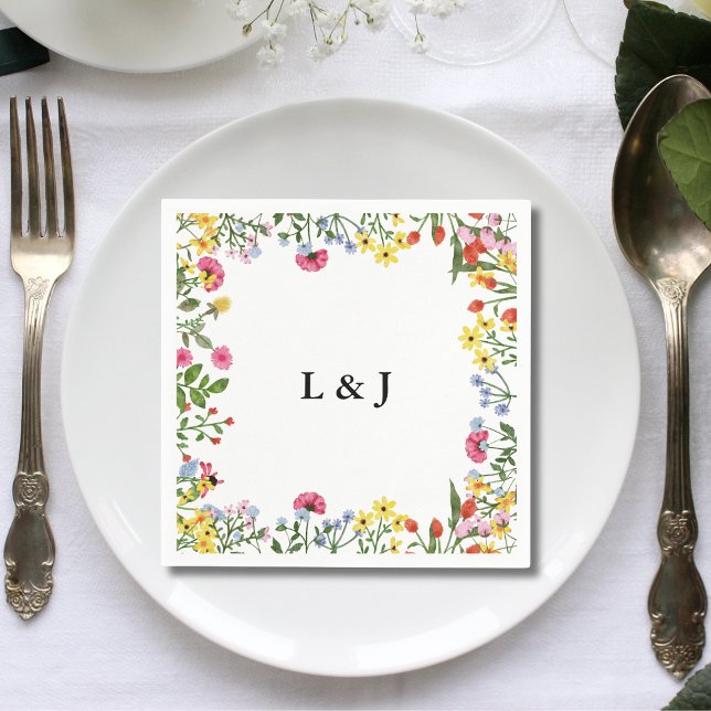 Eleganta färgrika vilda blommor blommig bröllop pappersservett (Elegant colorful wildflowers floral wedding napkins add vibrant charm to your table setup)