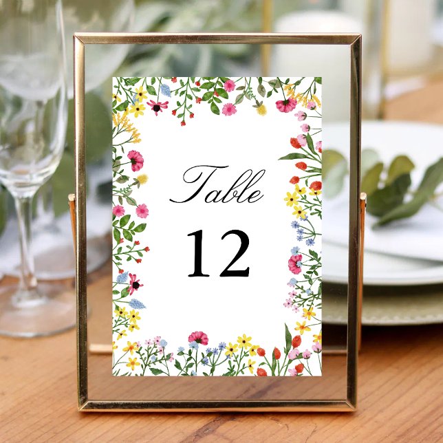 Eleganta Färgrika Vilda Blommor Bröllopskalligrafi Bordsnummer (Elegant colorful wildflowers calligraphy table number guides guests with vibrant charm)