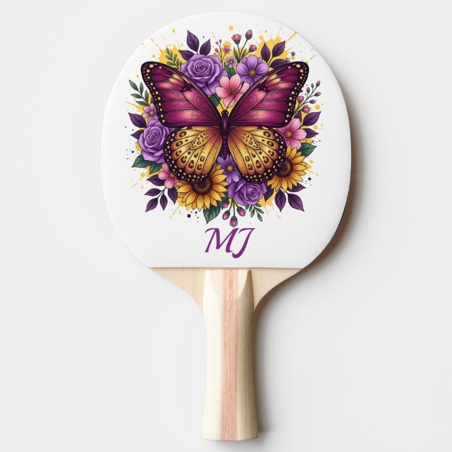 Eleganta Fjäril Blommig Monogram Initialer Pingisracket (Framsidan)