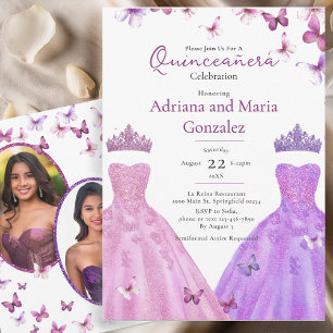 Eleganta fjärilar klär tvilling Quinceanera Inbjudningar