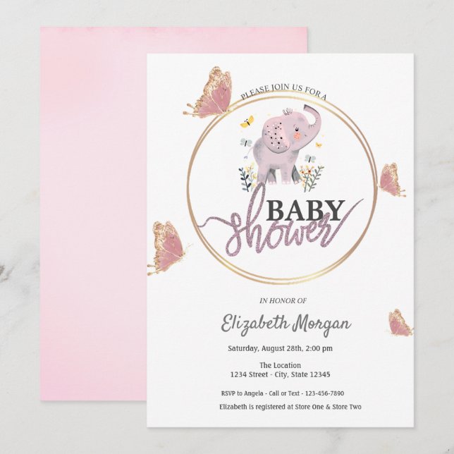 Eleganta fjärilar Rosa elefant Baby Shower   Inbjudningar (Fram/baksida)