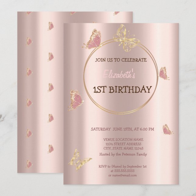 Eleganta Fjärilar Rosa Guld Födelsedag  Inbjudningar (Fram/baksida)