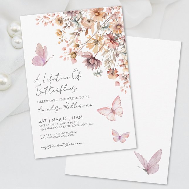 Eleganta Fjärilsvilda Blommor Bröllopsdusch Inbjudningar (Elegant Butterfly Wildflowers Bridal Shower Invitation)
