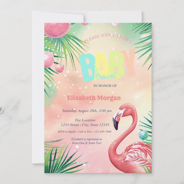 Eleganta flamingos palmblad baby shower  inbjudningar (Framsida)