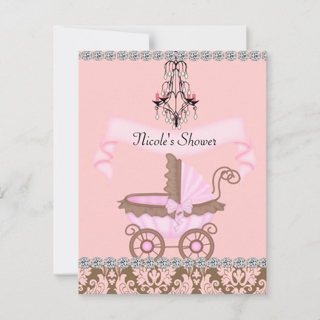 Eleganta Flicka BABY Shower INBJUDNINGAR Damaskdes (Framsida)