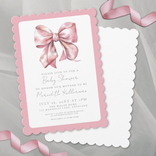 Eleganta Flickor Rosa Rosett Baby Shower Inbjudningar (Elegant Girls Pink Bow Baby Shower Invitation)