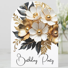 Eleganta födelsedagsblommor i guld, svart och vitt inbjudningar
