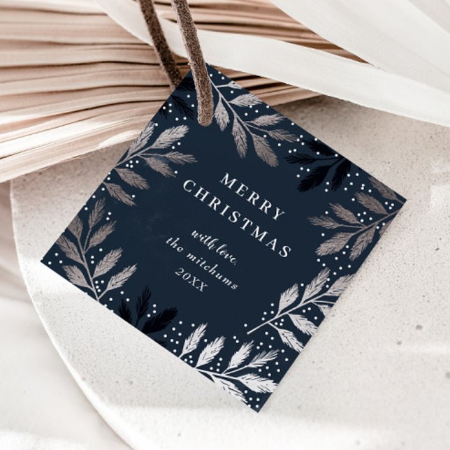 Eleganta foliegrenar God Jul semester Gåvor Etiketter (Elegant silver branch Christmas gift tag.)