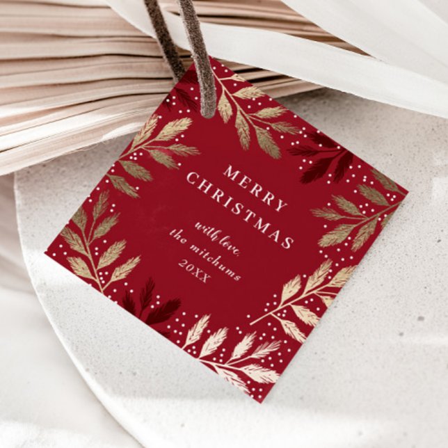 Eleganta foliegrenar God Jul semester Gåvor Etiketter (Elegant red and gold foil greenery branch merry christmas gift tags.)