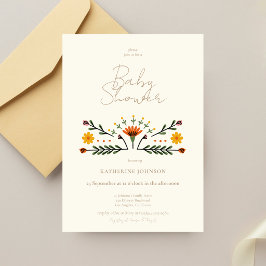 Eleganta Folk Blommor Beige Neutralt Bebis firande Inbjudningar
