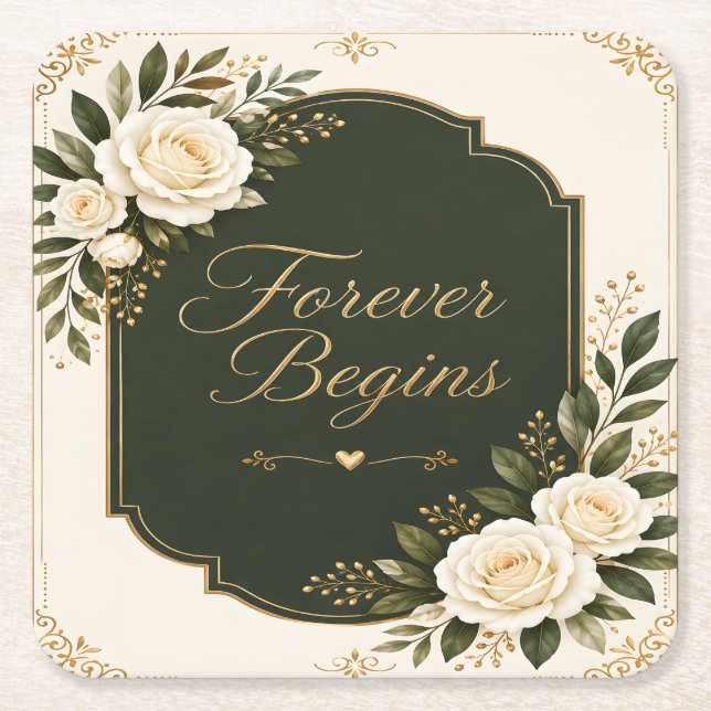 Eleganta "Forever Begins" blomsterformade bröllops Underlägg Papper Kvadrat (Framsidan)