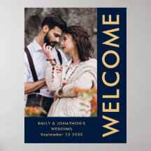 Eleganta fotonamn Navy Gold Välkommen Bröllop