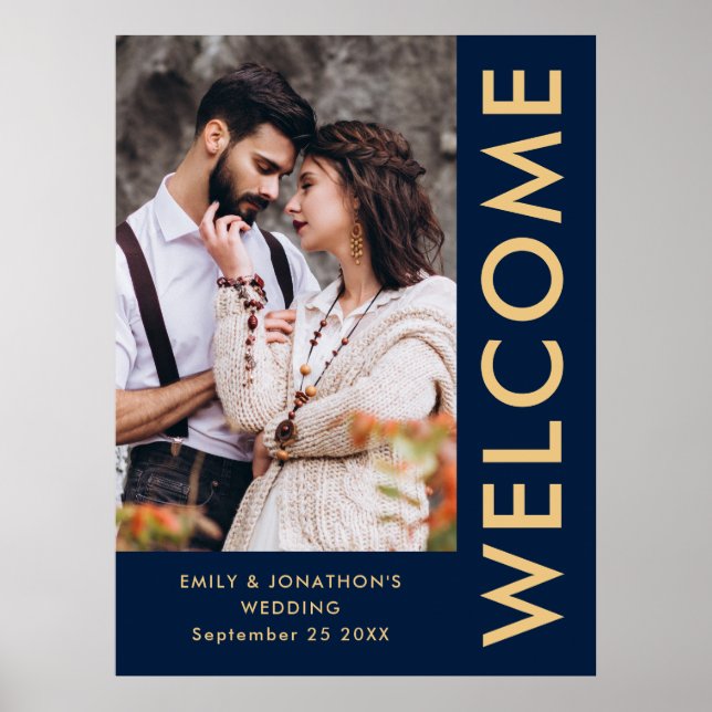 Eleganta fotonamn Navy Gold Välkommen Bröllop Poster (Framsidan)